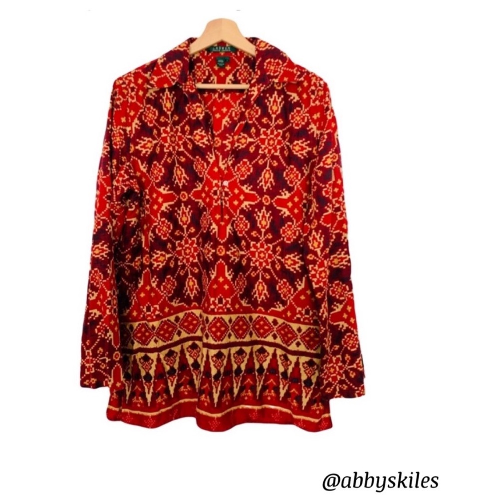 Ralph Lauren Red Multi Color Split Neck Tunic w/ Long Roll Tab Sleeves Large